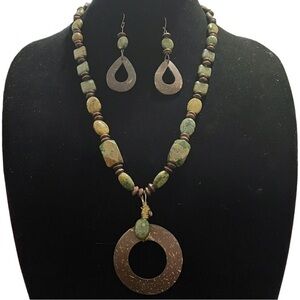 Rainforest Rhyolite and Wooden Beaded Statement Necklace with Matching Earrings